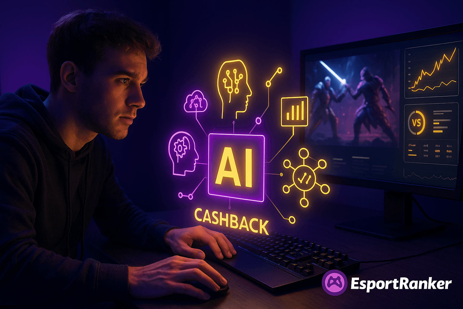 A young gamer in a neon-lit room interacts with holographic AI and data visuals representing esports betting predictions